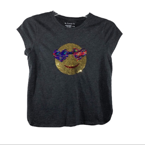 Members Mark Girls Sequin Flippy Smiley Face Tee - Picture 1 of 6